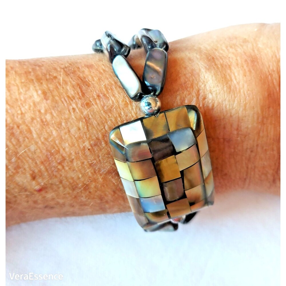 Vintage Mother of Pearl Abalone Paua Shell Beaded Mosaic Bracelet 7.5" - Picture 9 of 10